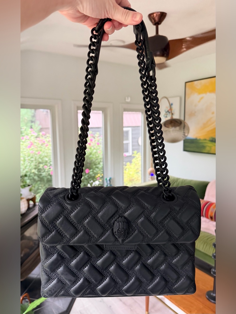NEW Kurt Geiger Black Leather Handbag w Black Crystal Embellished Bird on Front